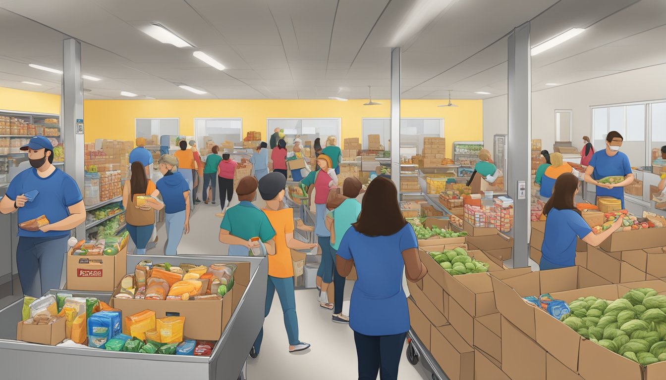 A bustling food pantry in Morris County, Texas, with volunteers distributing free groceries to those in need