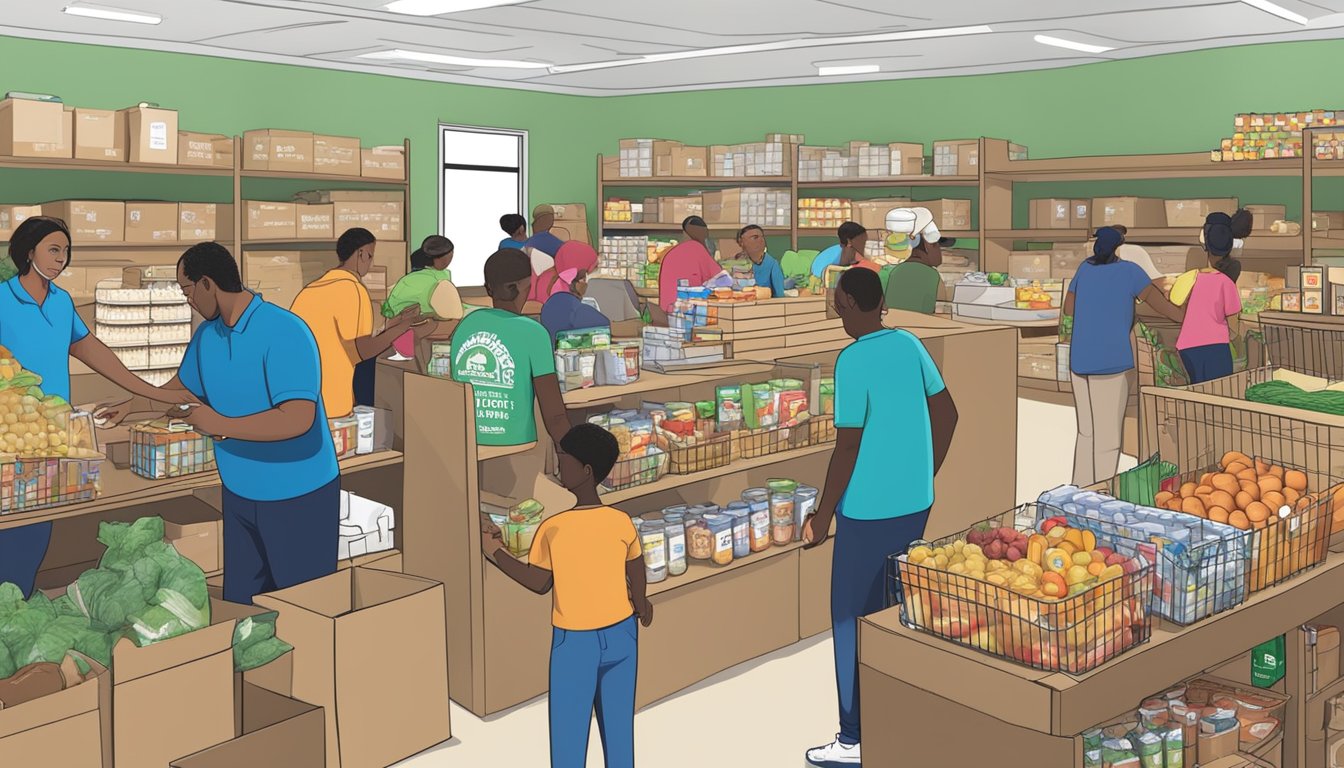 A bustling food pantry in Morris County, Texas, with volunteers distributing free groceries to those with special dietary needs and restrictions