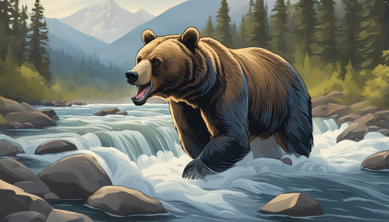 A bear catching and eating a steelhead from a rushing river