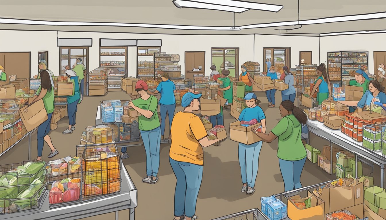 A bustling food pantry in Robertson County, Texas, with volunteers distributing free groceries to those in need