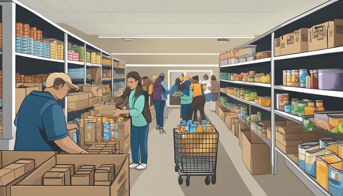 A bustling food pantry in Morris County, Texas, with volunteers distributing free groceries to those in need from the local community