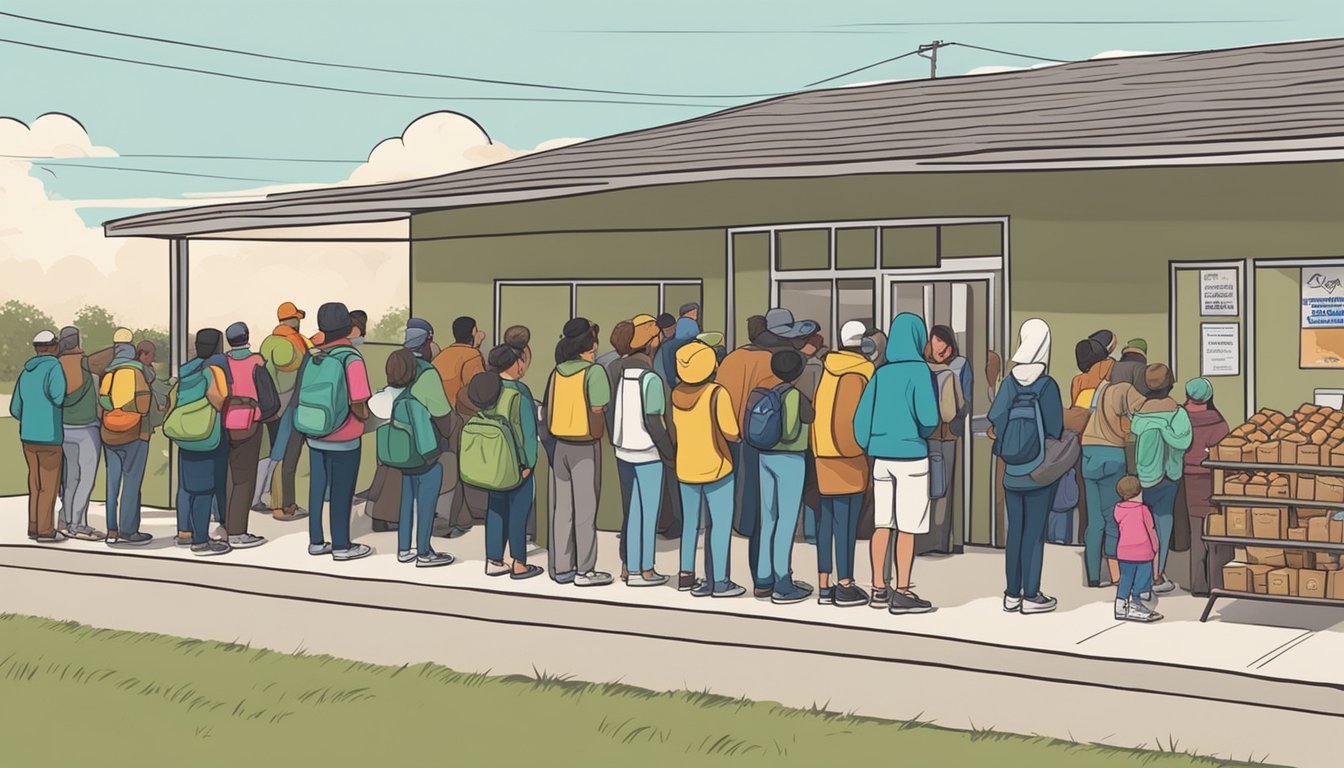 A line of people waits outside a food pantry in San Patricio County, Texas, as volunteers distribute free groceries to those in need