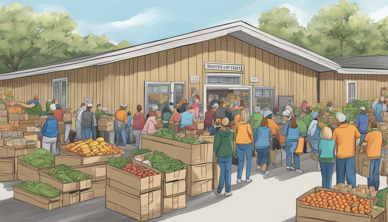 A bustling food pantry in Robertson County, Texas, with volunteers distributing free groceries to those in need