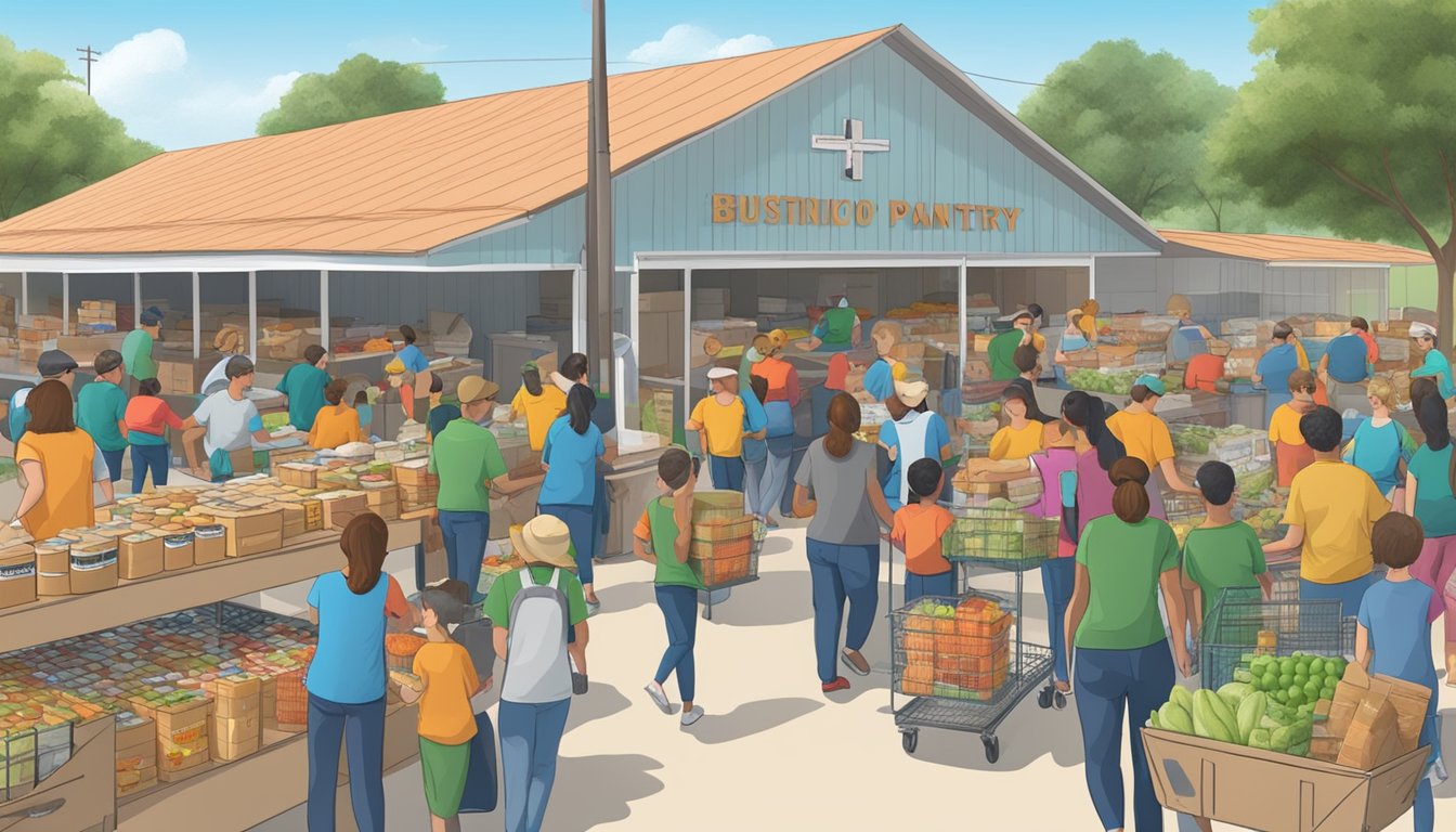 A bustling food pantry in San Patricio County, Texas, with volunteers distributing free groceries to those in need