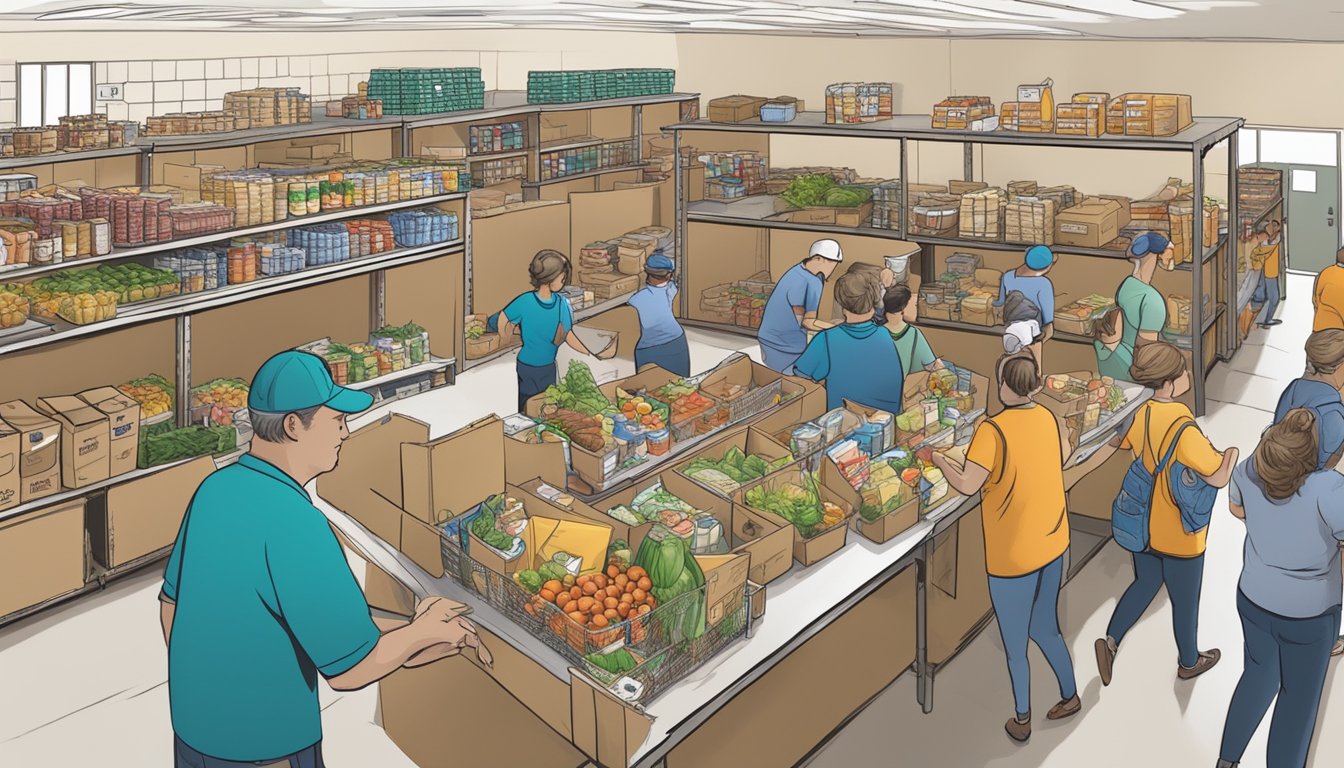 A bustling food pantry in Robertson County, Texas, with volunteers distributing free groceries to those in need