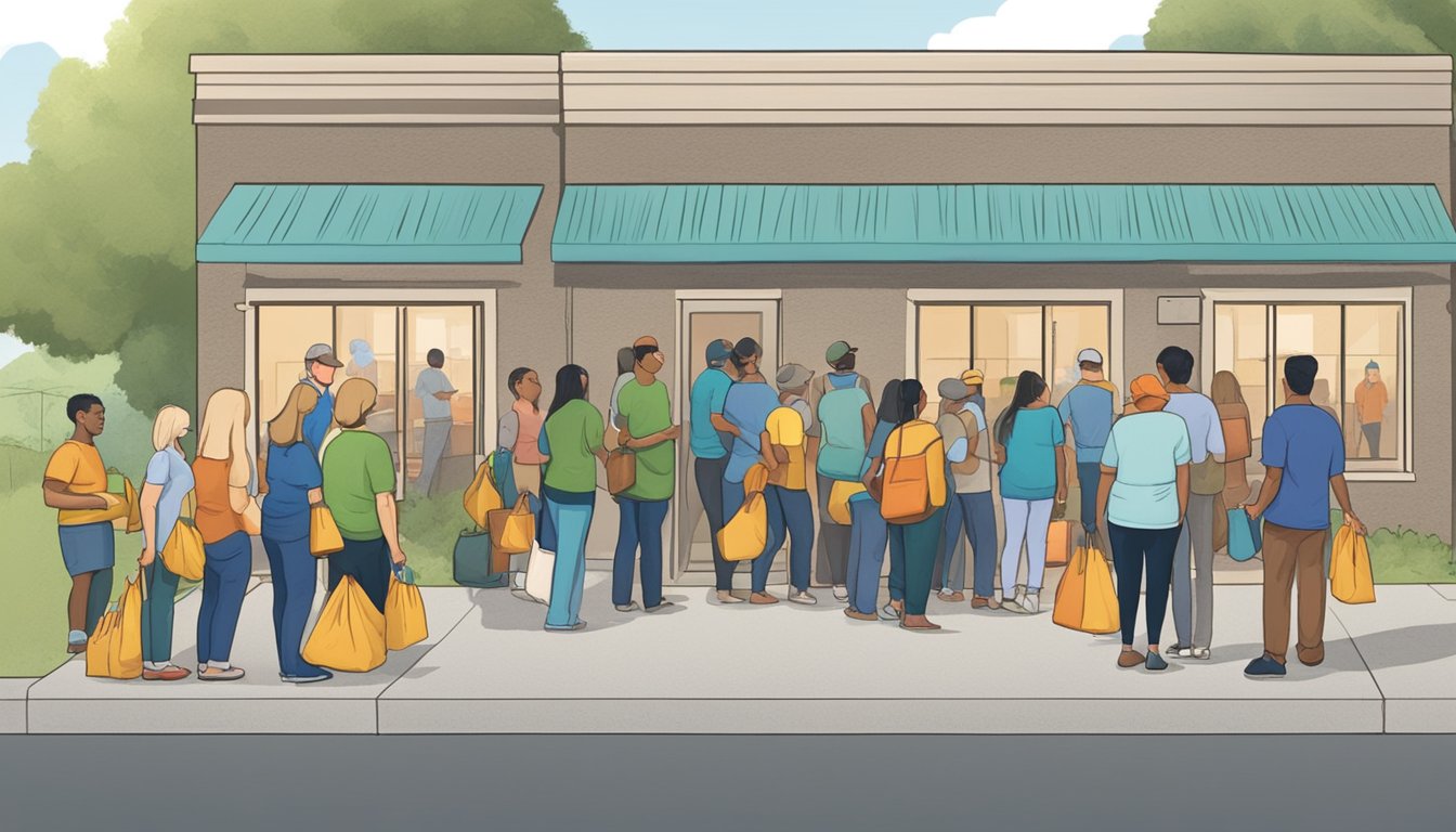 A line of people waiting outside a food pantry in San Patricio County, Texas. Volunteers handing out bags of groceries