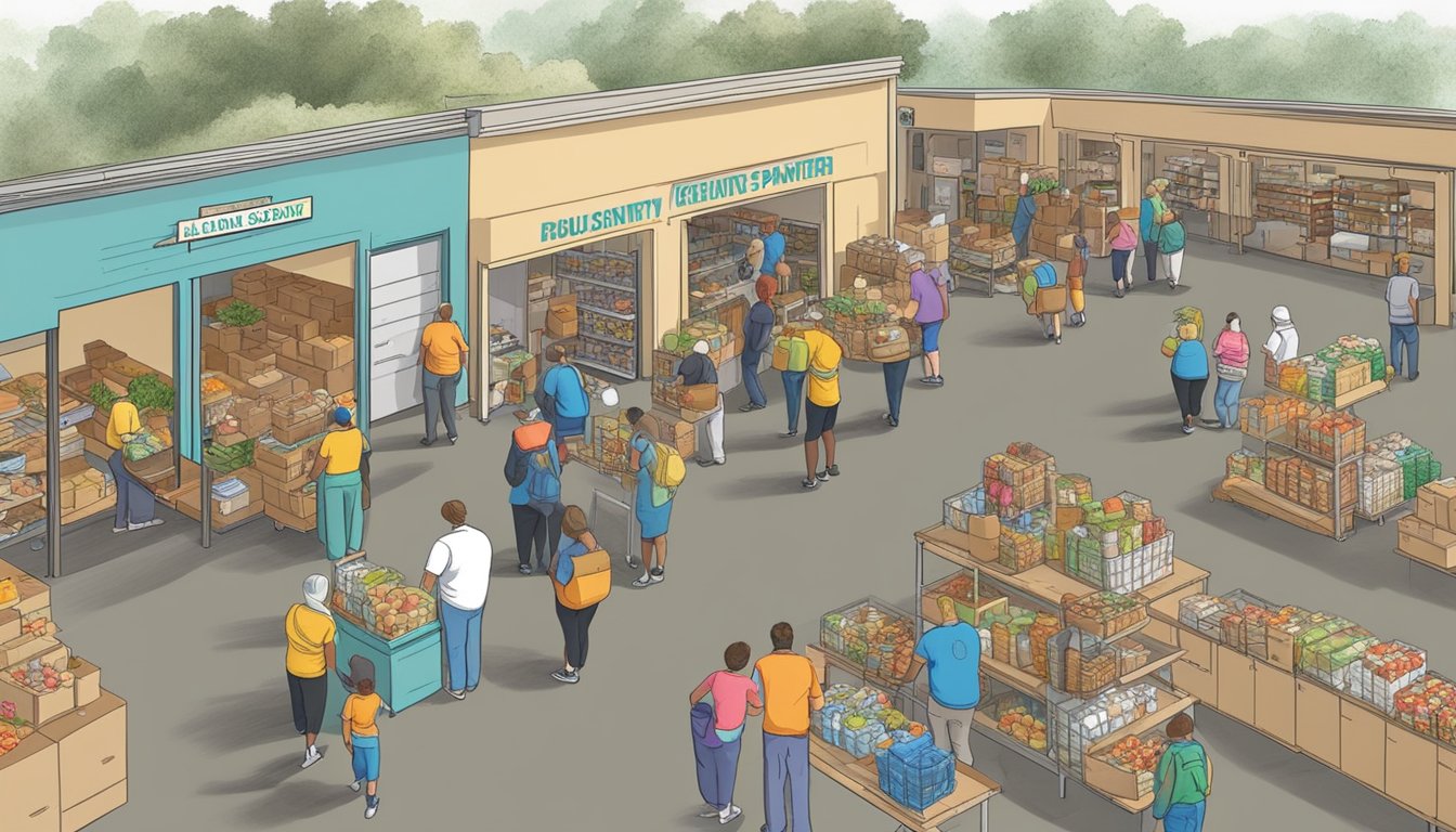 A bustling food pantry in Robertson County, Texas, with volunteers distributing free groceries to those in need