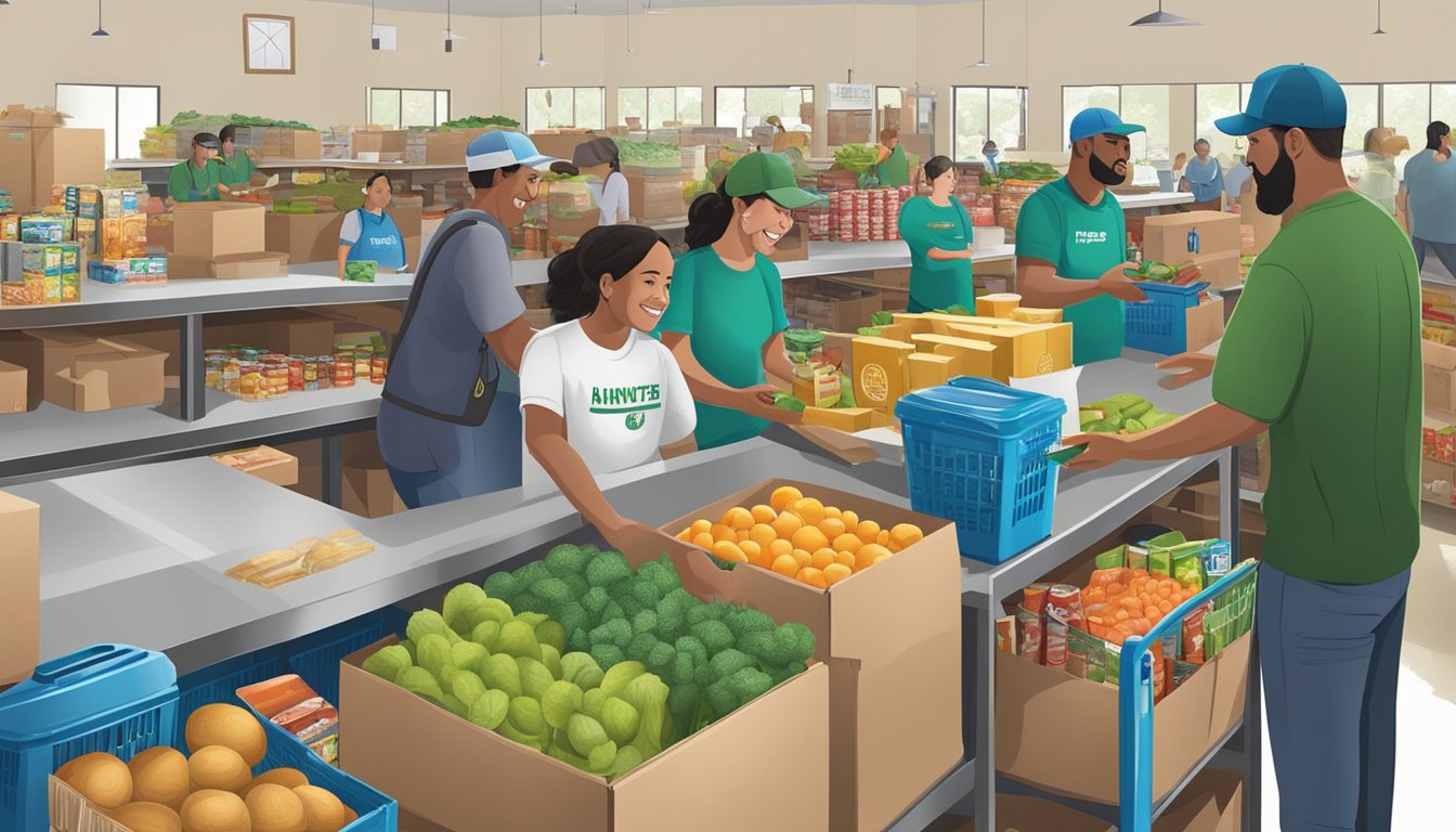 A bustling food pantry in San Patricio County, Texas, with volunteers distributing free groceries to those in need