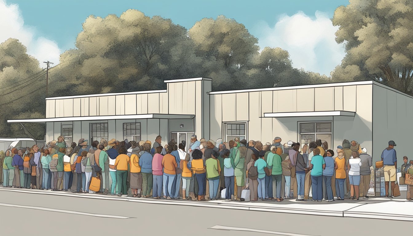 A line of people waiting outside a food pantry in Navarro County, Texas, with volunteers handing out groceries and supplies