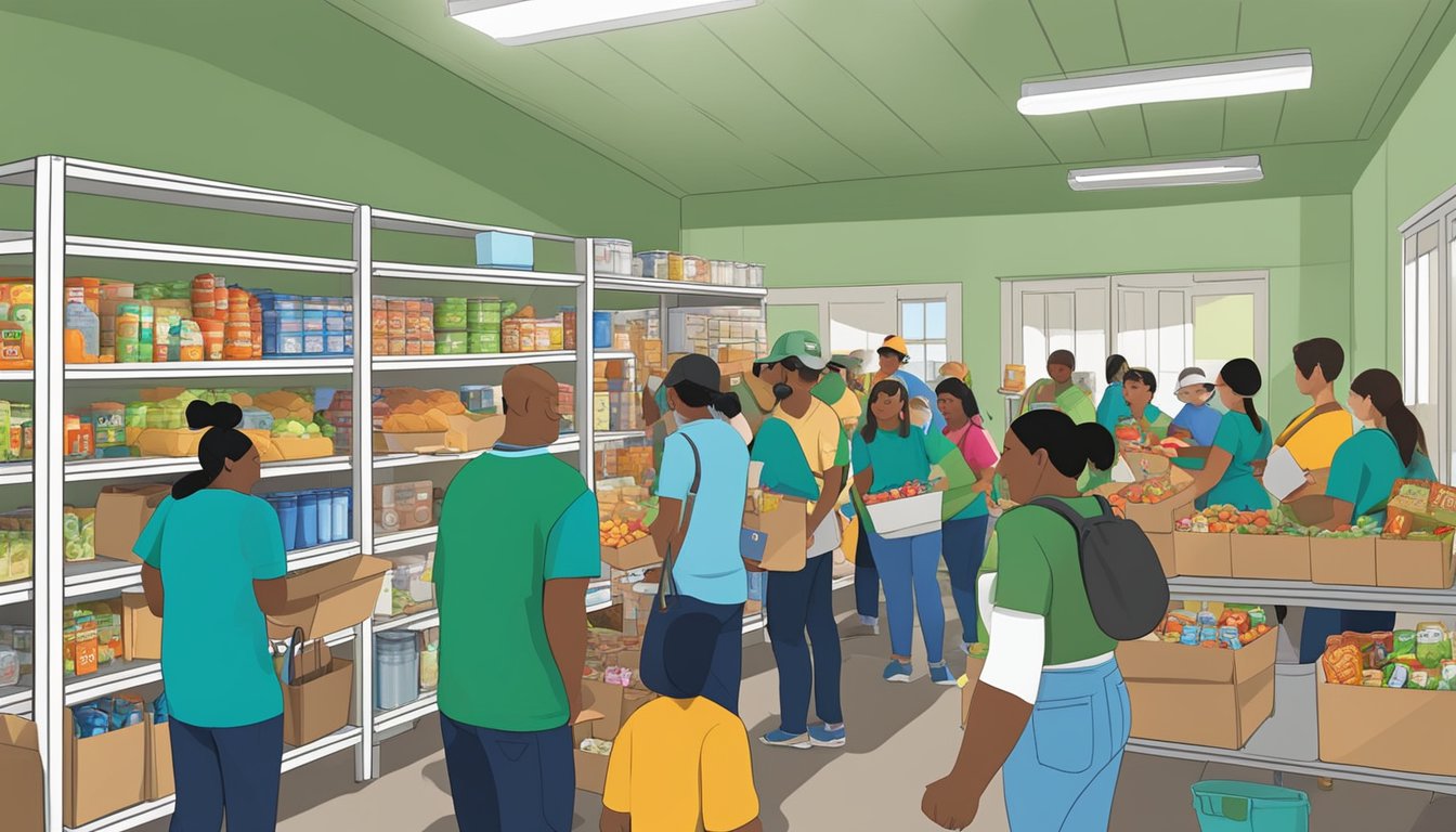 A bustling food pantry in San Patricio County, Texas, with volunteers distributing free groceries to those in need