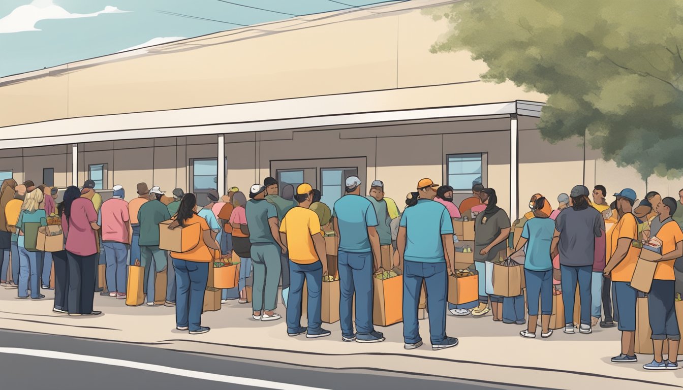 A line of people waits outside a food bank in Navarro County, Texas, as volunteers distribute free groceries and pantry items to those in need