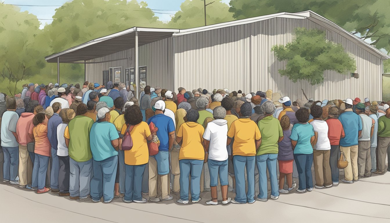 A line of people waits outside a food pantry in San Patricio County, Texas. Volunteers distribute groceries to those in need