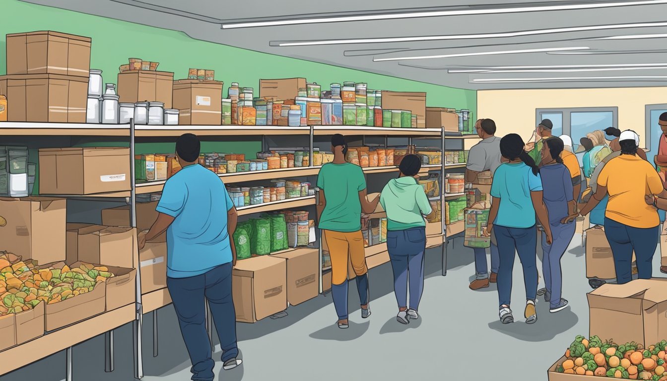 A bustling food pantry in San Patricio County, Texas, with volunteers distributing free groceries to those in need