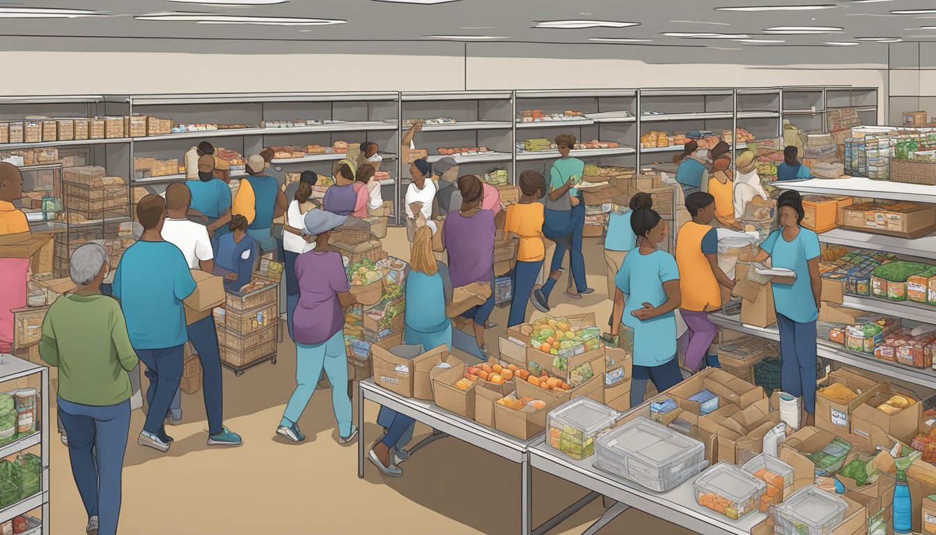 A bustling food pantry in Navarro County, Texas, with volunteers distributing free groceries to those in need