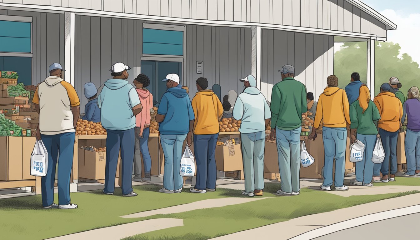 A line of people waits outside a food pantry in Rusk County, Texas. Volunteers hand out free groceries to those in need