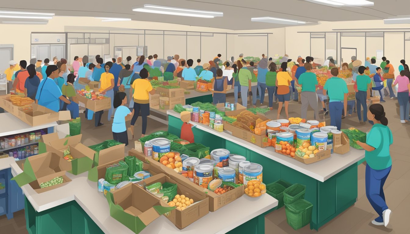 A bustling food pantry in San Patricio County, Texas, with volunteers distributing free groceries to those in need