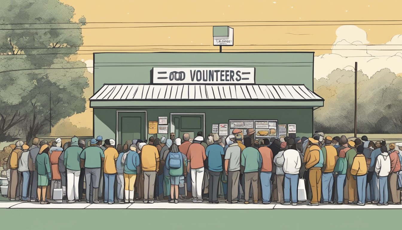 A line of people waits outside a food pantry in Rusk County, Texas, as volunteers distribute free groceries to those in need