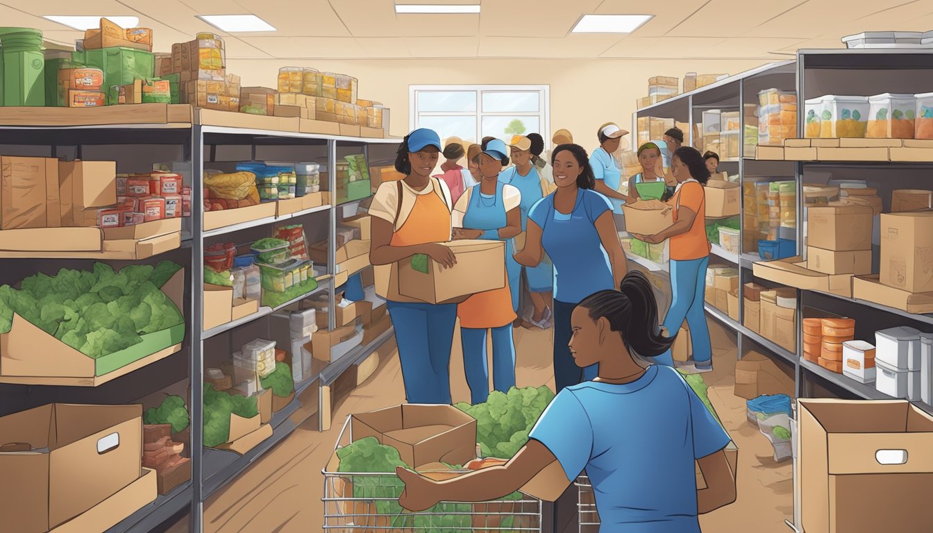 A bustling food pantry in Navarro County, Texas, where volunteers distribute free groceries to those in need, surrounded by a supportive community