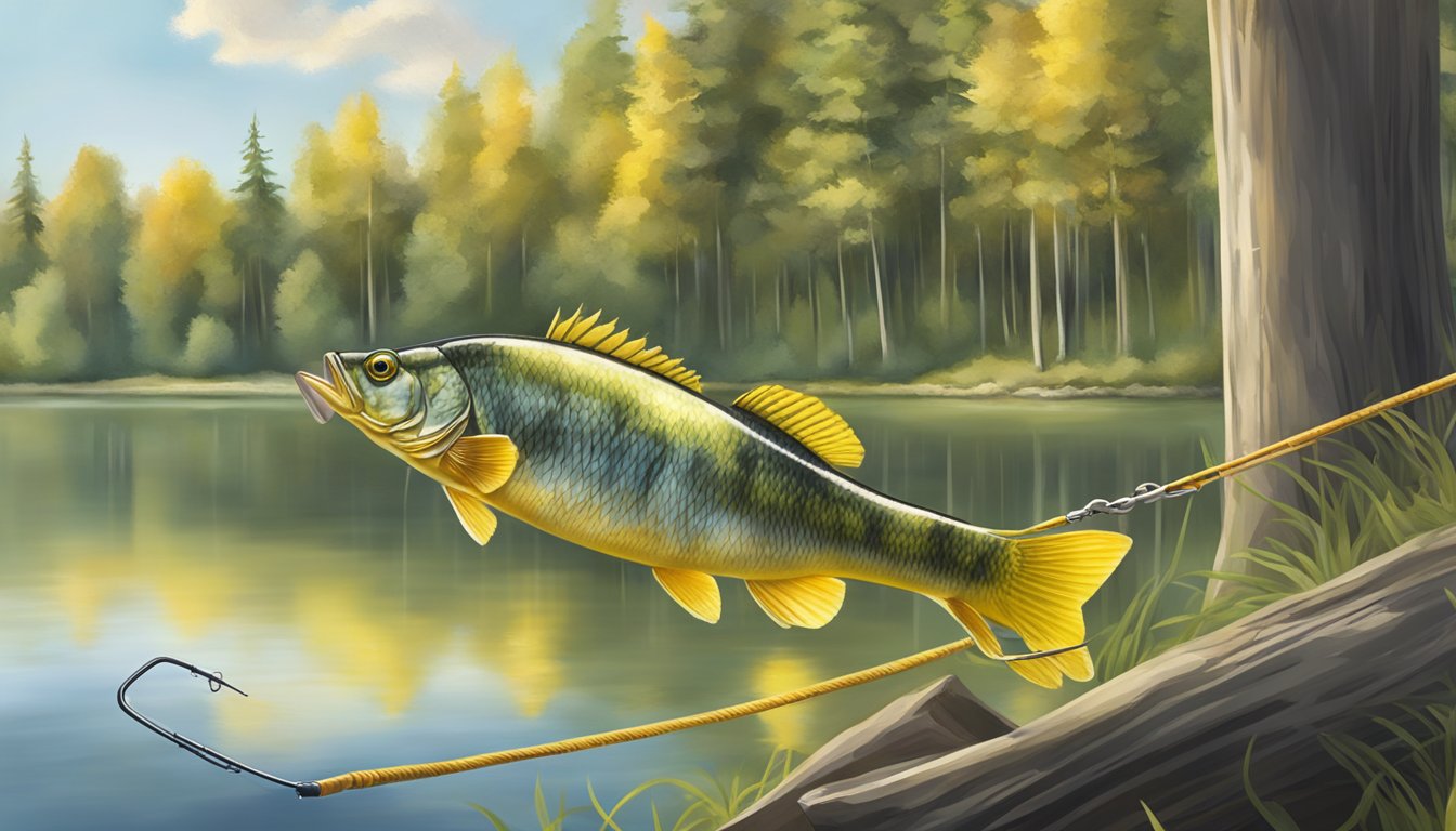 A fishing line with a yellow perch caught on the hook, surrounded by a peaceful lake with trees in the background