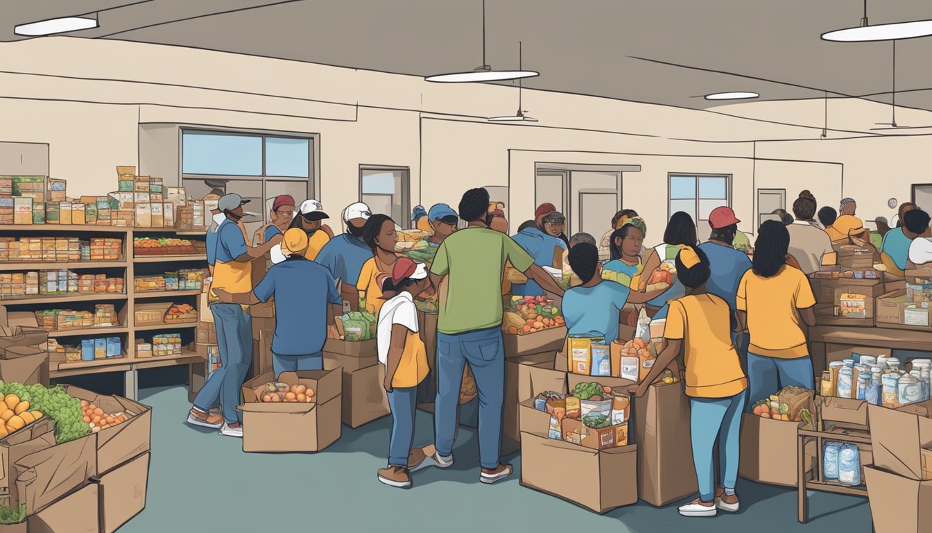 A bustling food pantry in Navarro County, Texas, with volunteers distributing free groceries to those in need