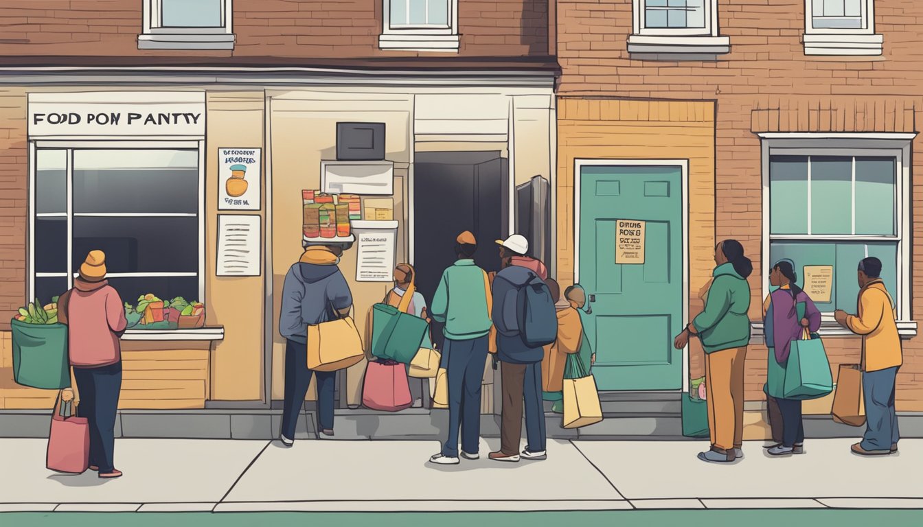 A line of people waits outside a small building with a sign reading "Food Pantry." Volunteers hand out bags of groceries