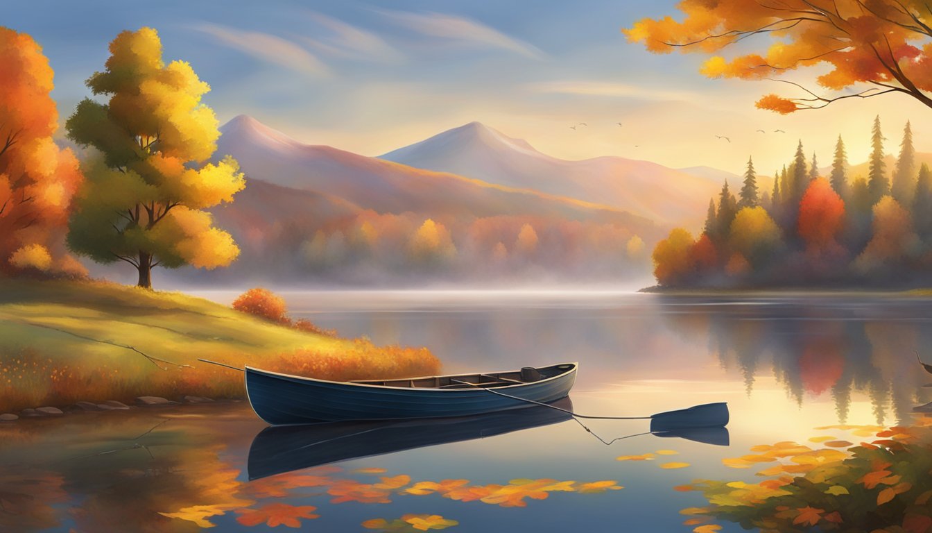 A tranquil lake at sunrise, with a lone fishing boat casting lines into the water, surrounded by vibrant autumn foliage