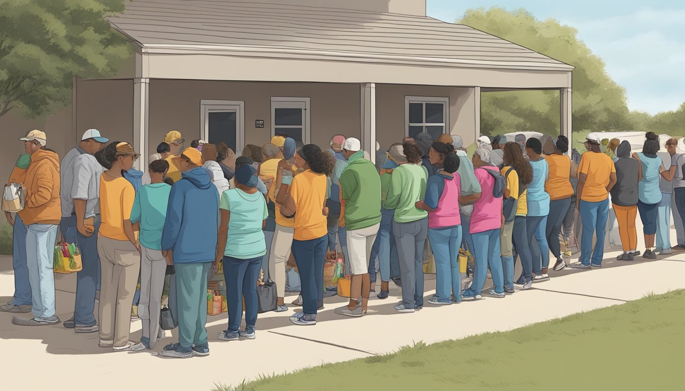 A line of people waiting outside a food pantry in Navarro County, Texas, with volunteers distributing groceries to those in need