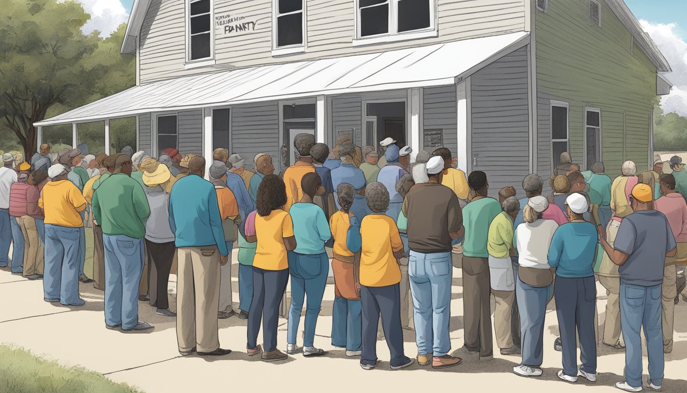 A line of people waiting outside a food pantry in Rusk County, Texas, with volunteers distributing groceries and checking documentation