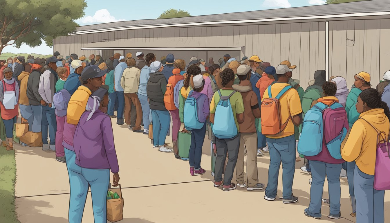 A line of people wait outside a food pantry in Scurry County, Texas, as volunteers distribute free groceries to those in need