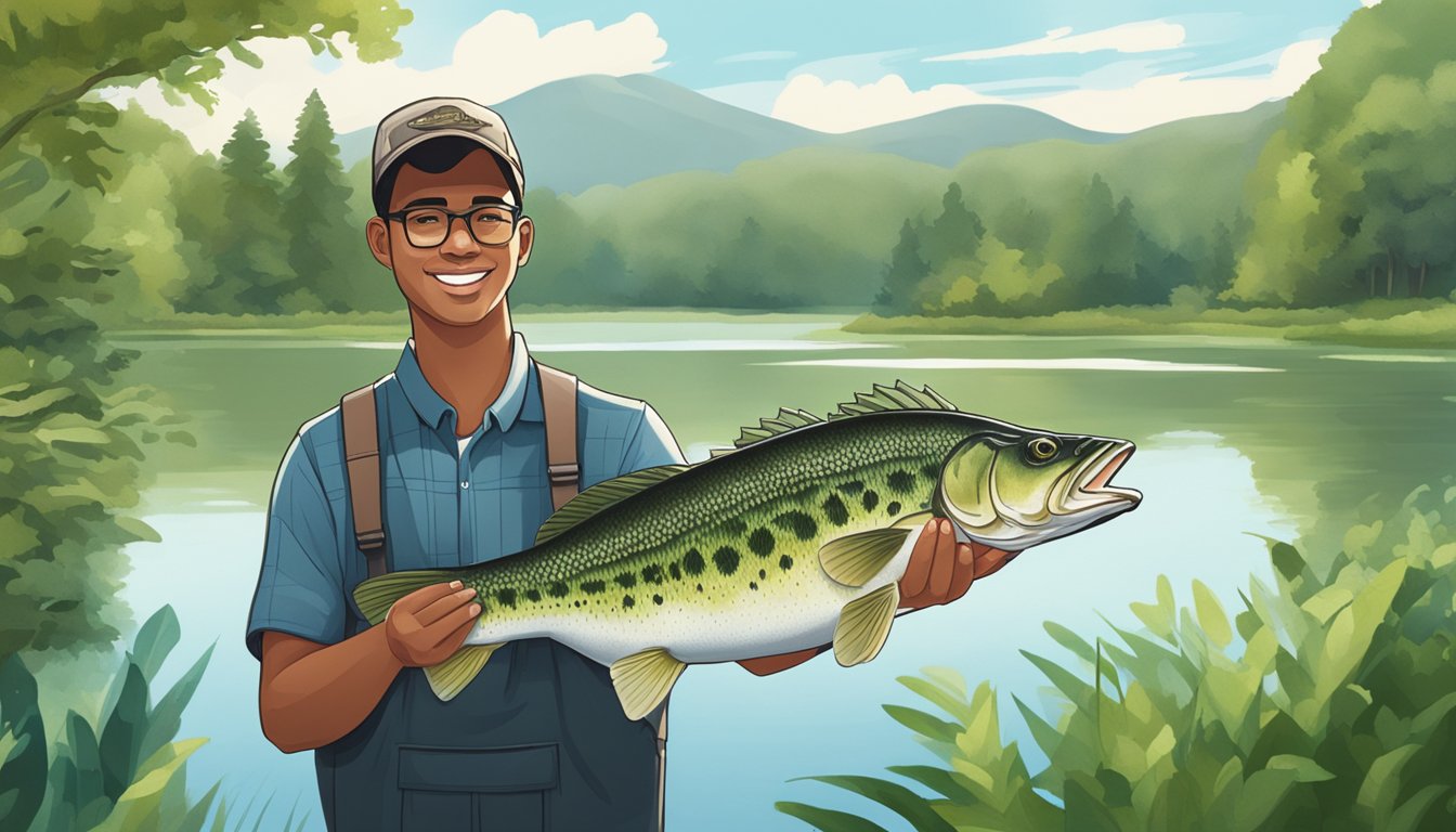 A person holding a freshly caught bass while standing next to a conservation area with lush greenery and a serene lake in the background