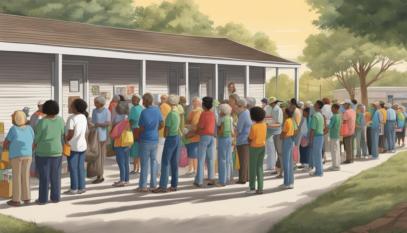 People lined up outside a food pantry in Rusk County, Texas, receiving free groceries and volunteer assistance