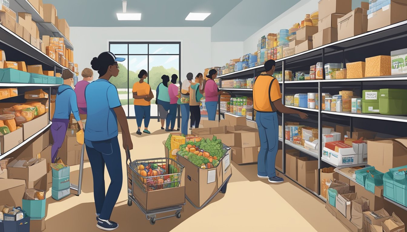 A bustling food pantry in Scurry County, Texas, with volunteers distributing free groceries to those in need