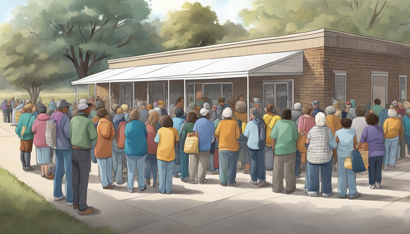 A line of people waiting outside a food pantry in Rusk County, Texas, with volunteers distributing free groceries to those in need