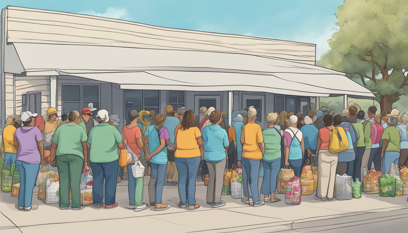 A line of people waits outside a small food pantry in Scurry County, Texas. Volunteers hand out bags of groceries to those in need