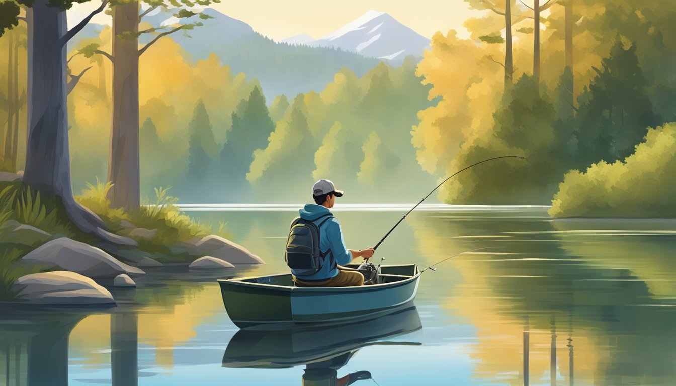 A person fishing for bass with a rod and reel near a calm, tree-lined lake