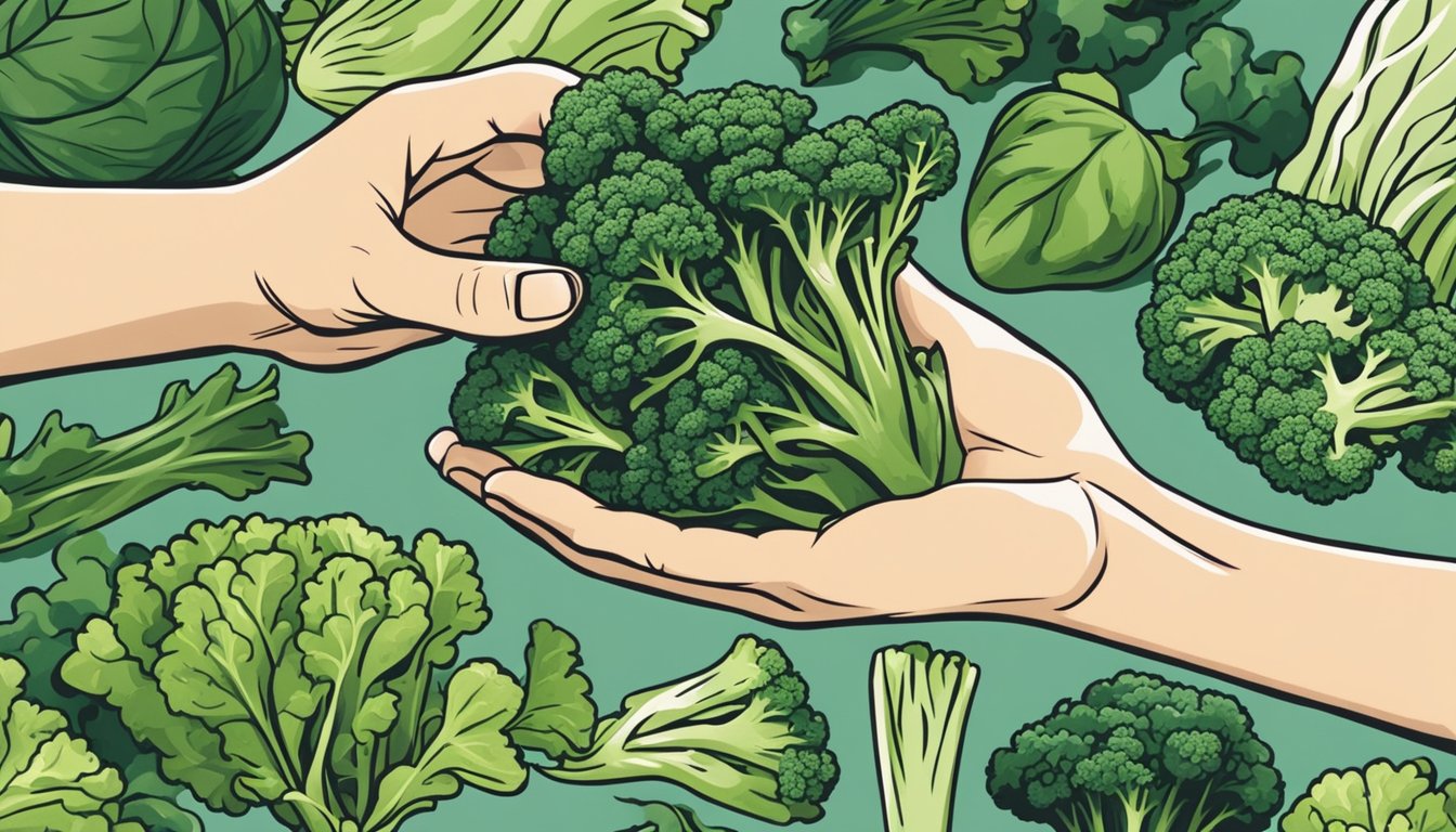 A hand reaching for a bunch of kale, with other superfoods like spinach and broccoli nearby