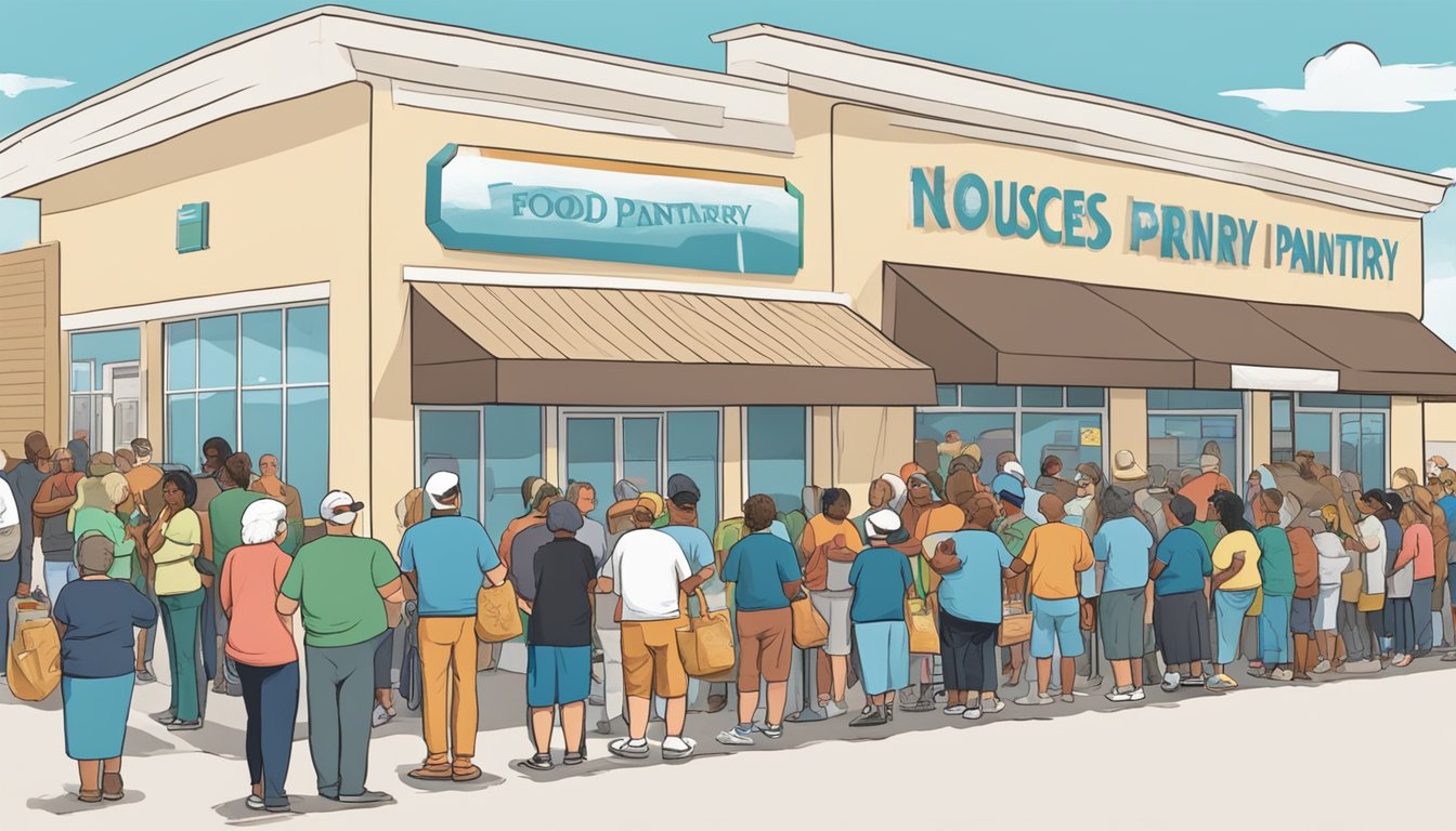 A line of people waiting outside a food pantry in Nueces County, Texas, with volunteers handing out free groceries