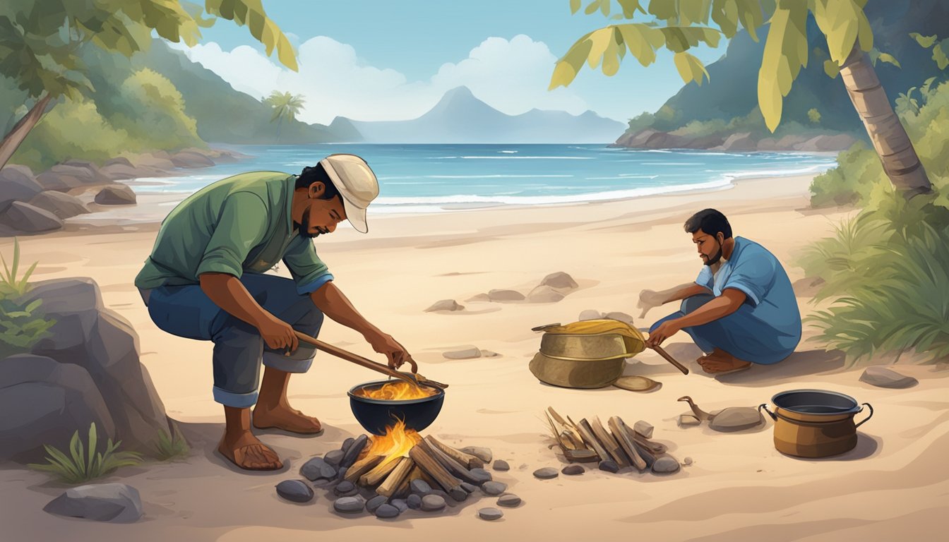 A fisherman cleaning kala on a beach, a campfire with a pot boiling, and a person eating cooked kala by the shore