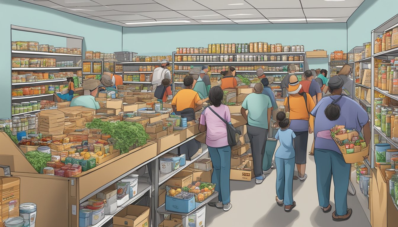 A bustling food pantry in Nueces County, Texas, with shelves stocked full of free groceries and volunteers assisting those in need