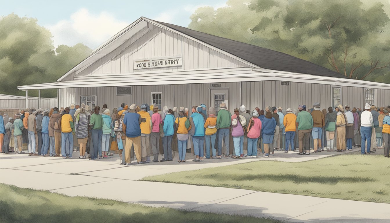 A line of people waits outside a food pantry in San Jacinto County, Texas, as volunteers distribute free groceries to those in need