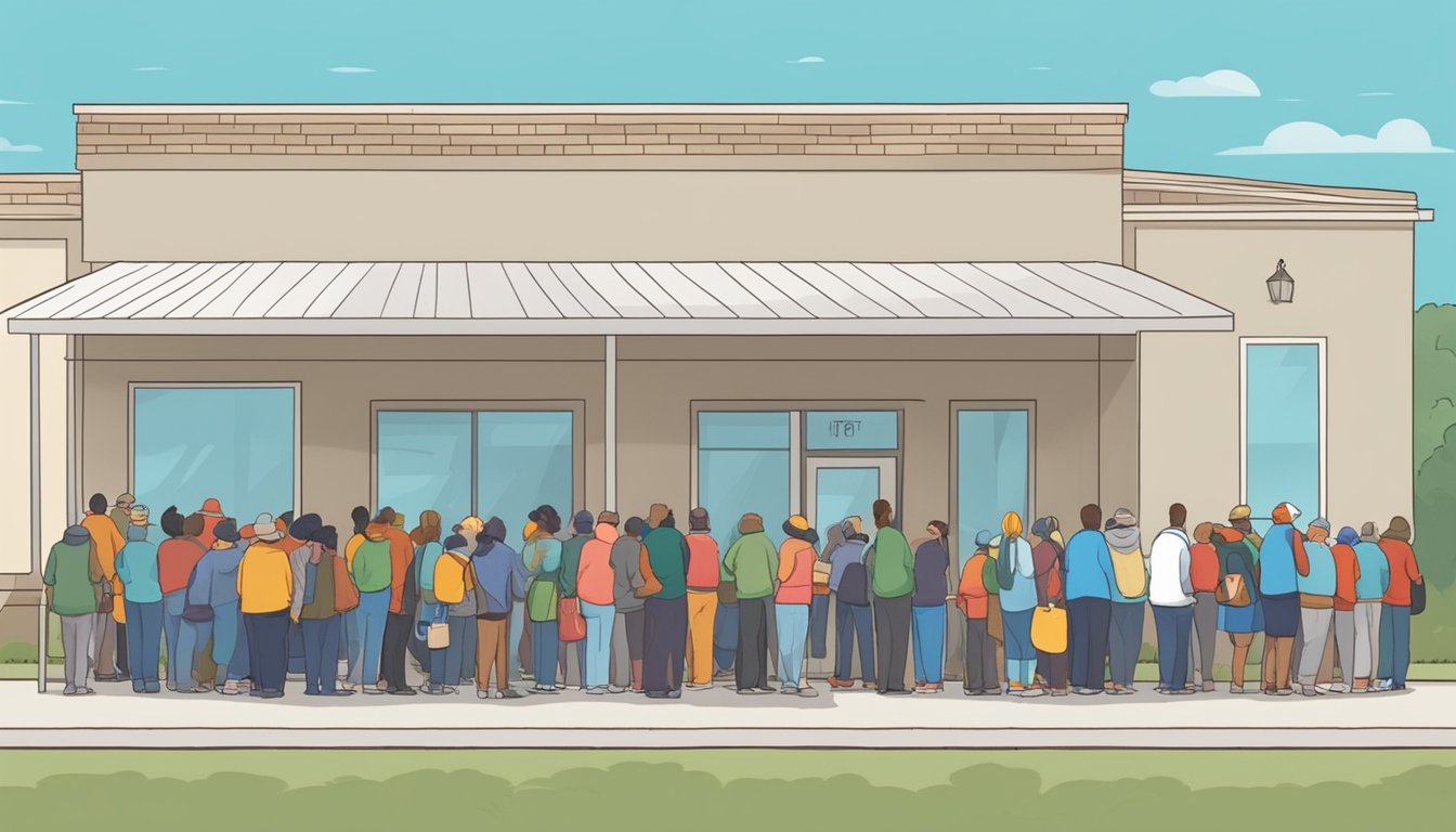 People waiting in line outside a food pantry in Scurry County, Texas. Volunteers distribute free groceries to those in need