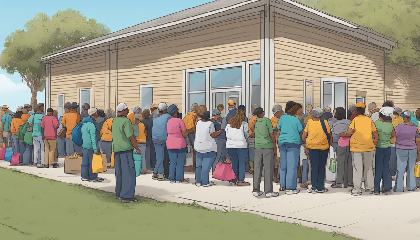 A line of people waiting outside a food pantry in Nueces County, Texas, with volunteers handing out free groceries and emergency food assistance