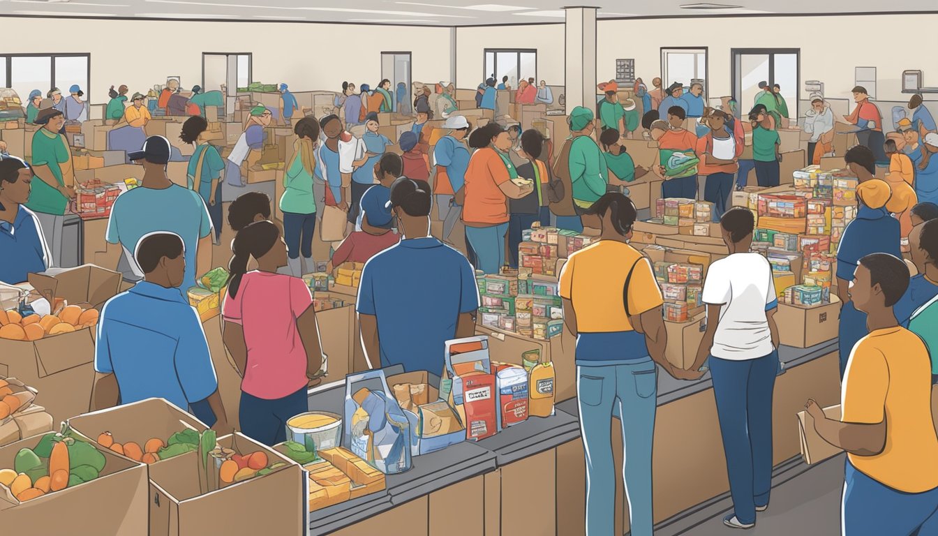 A bustling food pantry in Scurry County, Texas, with volunteers distributing groceries to those in need