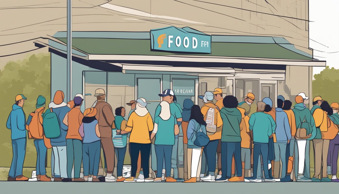 A line of people waits outside a food pantry in Nueces County, Texas, as volunteers distribute free groceries to those in need