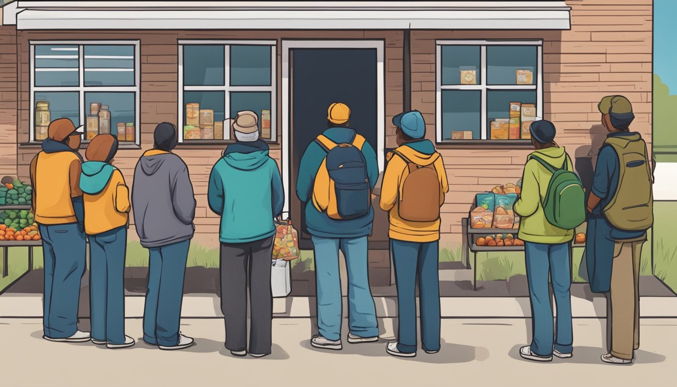 A line of people waits outside a food pantry in San Jacinto County, Texas. Volunteers distribute free groceries to those in need