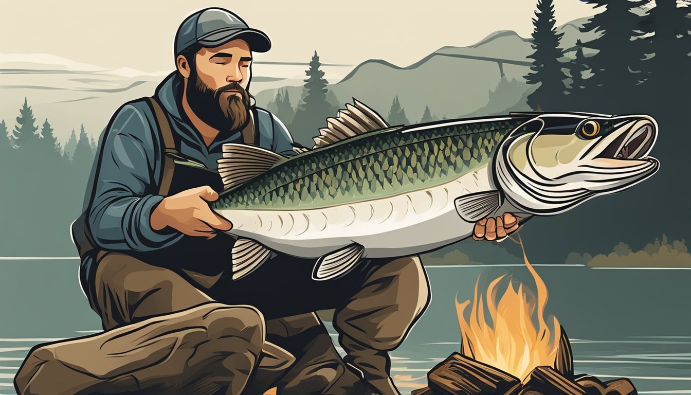 A fisherman using a large lure and heavy-duty rod to catch a muskellunge, then preparing and cooking the fish over a campfire