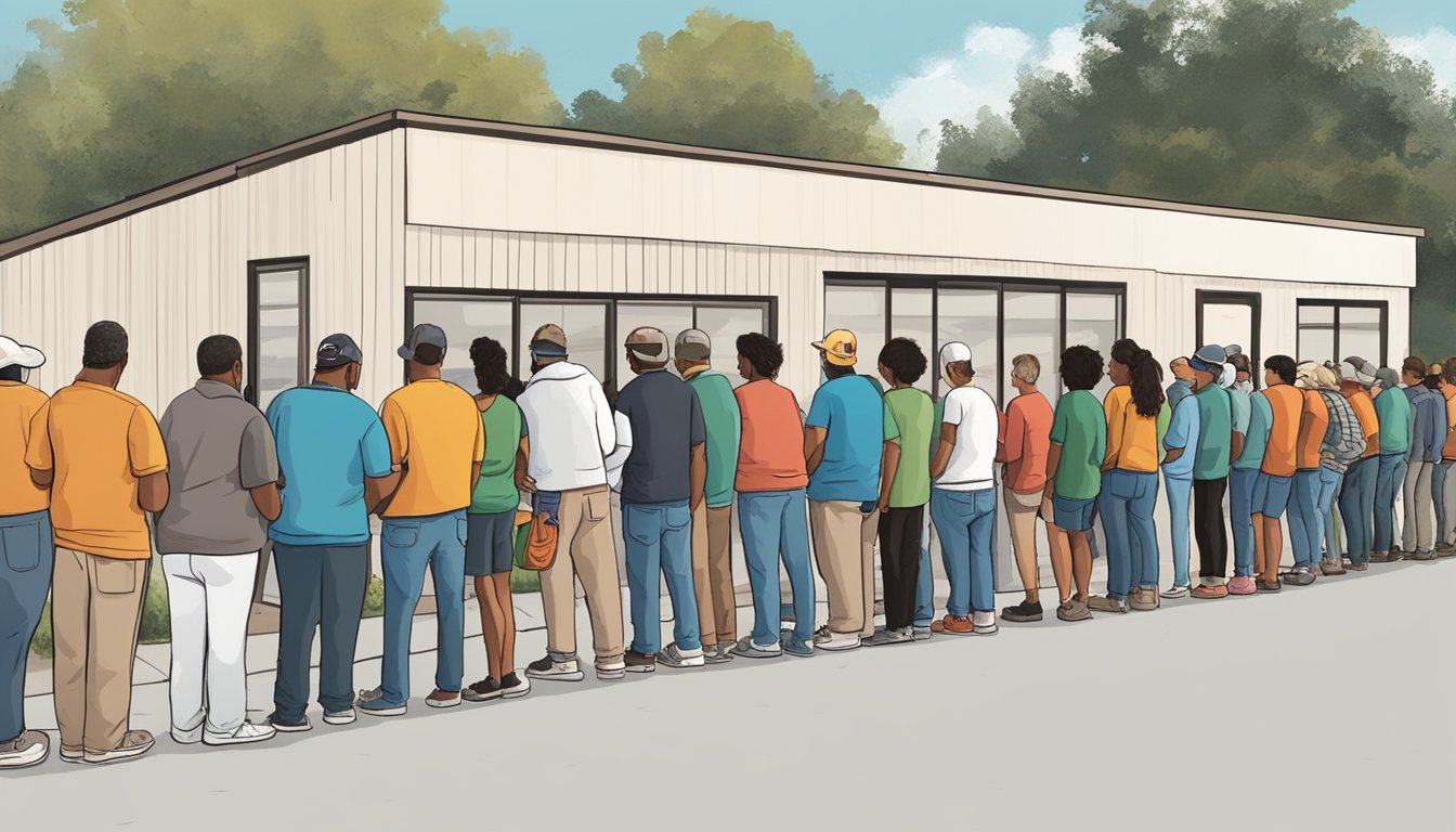 A line of people waits outside a food pantry in San Jacinto County, Texas. Volunteers distribute free groceries to those in need