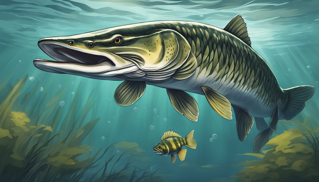 A muskellunge lurking in murky water, stalking its prey before lunging and engulfing a smaller fish in a swift and powerful strike