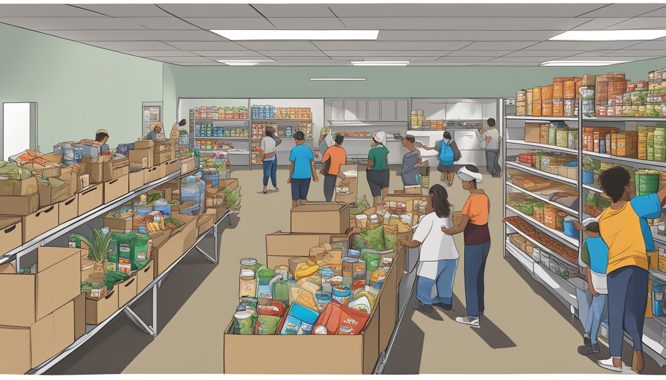 A bustling food pantry in Nueces County, Texas, with volunteers distributing groceries and food to those in need