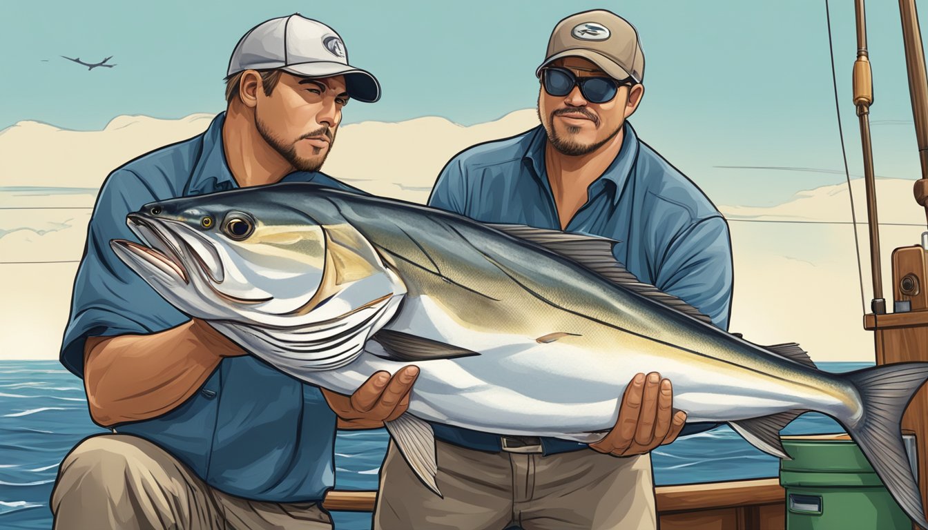 A fisherman reeling in an amberjack from the ocean, preparing to clean and cook the fish on a boat deck